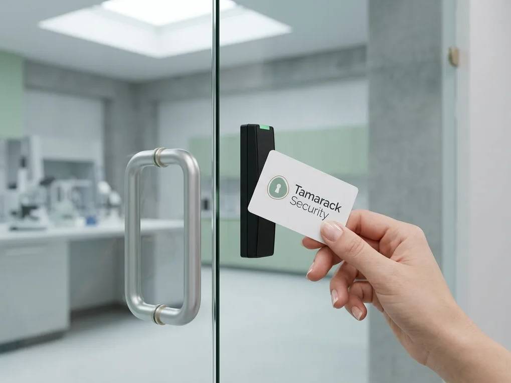 Employee badge held to a card reader beside a frameless glass office door
