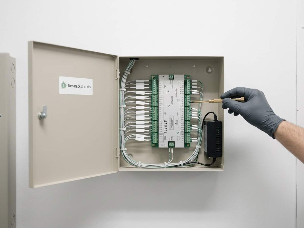 Open access-control panel with neatly dressed low-voltage wiring