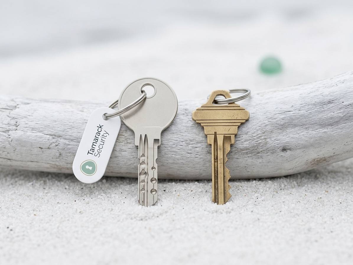High-security dimple key with a Tamarack Security tag beside a standard brass house key on driftwood