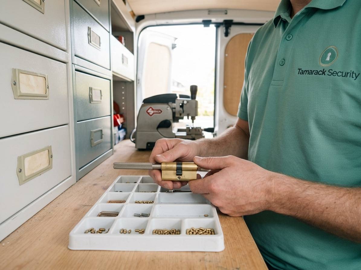 Tamarack Security technician re-pinning a lock cylinder at the mobile van bench