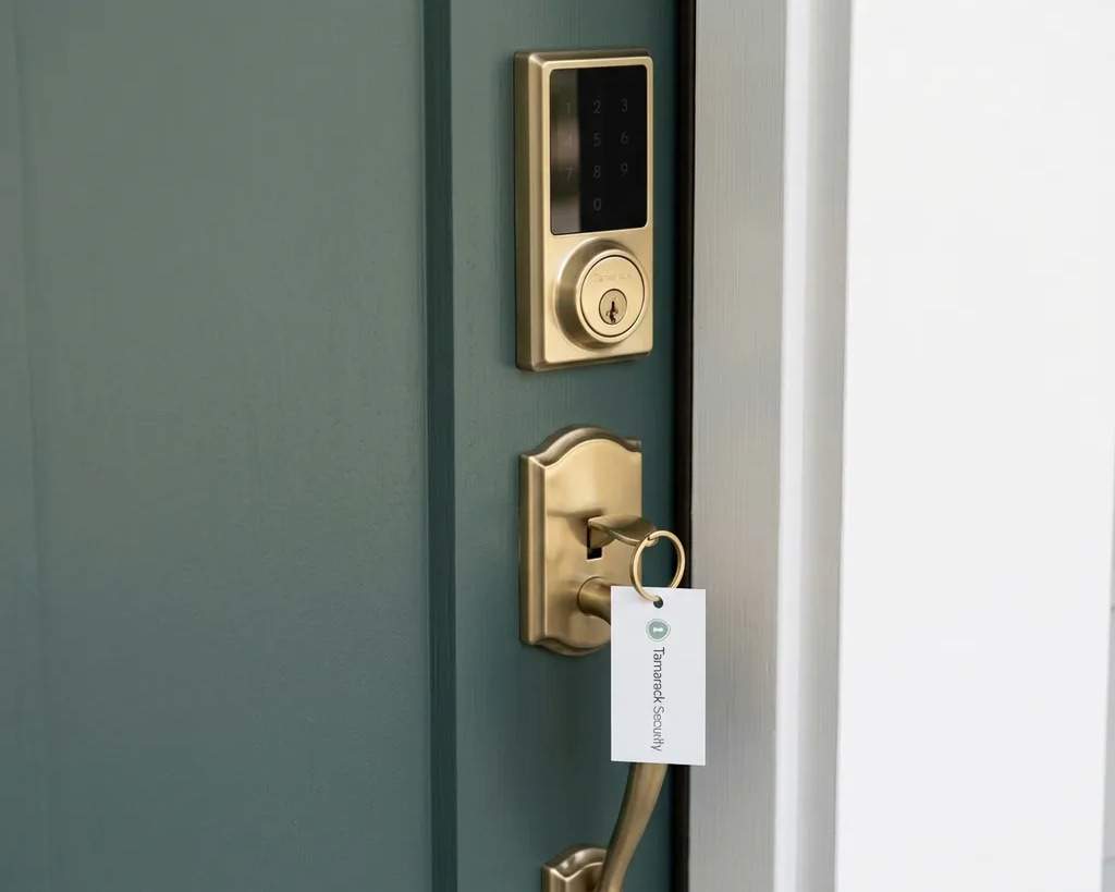 Satin-brass smart deadbolt and handleset on a sea-glass green front door