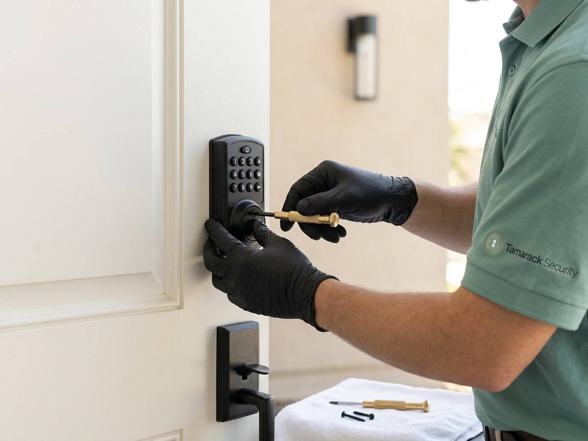 Locksmith in gloves installing a matte-black keypad deadbolt on a stucco front door