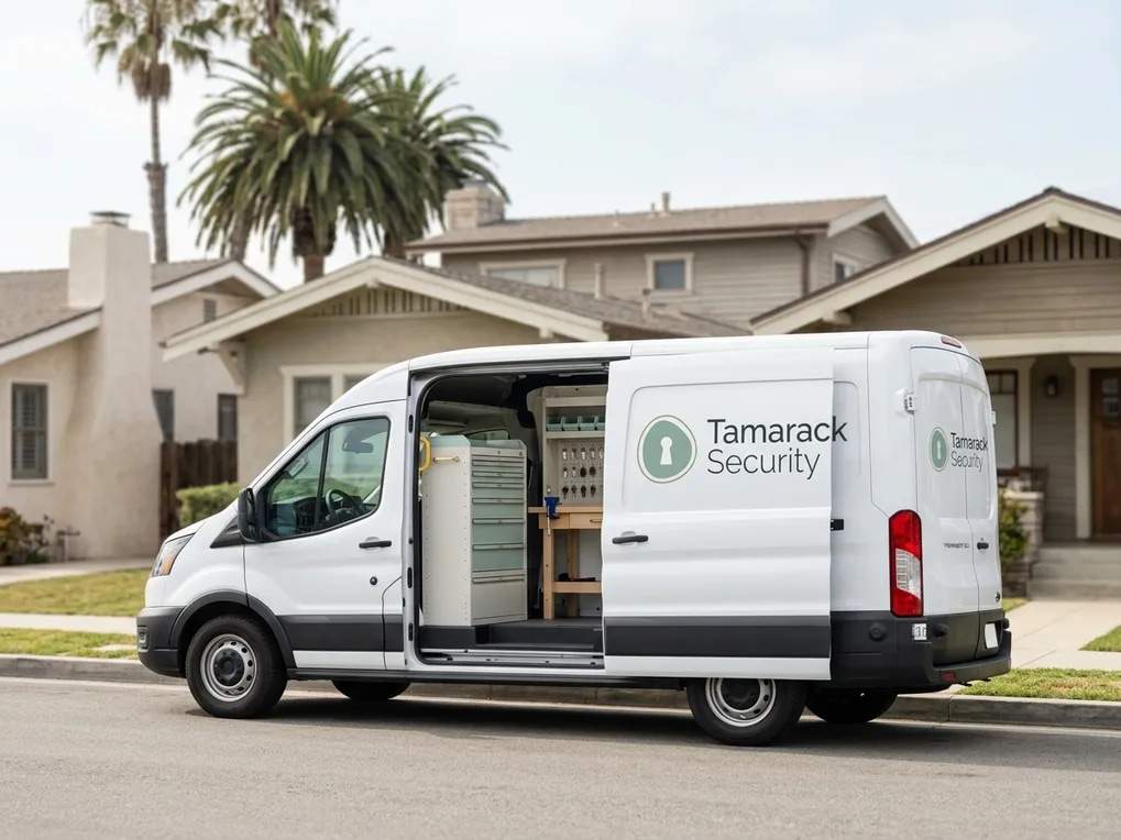 Tamarack Security mobile locksmith van at the curb with its side door open
