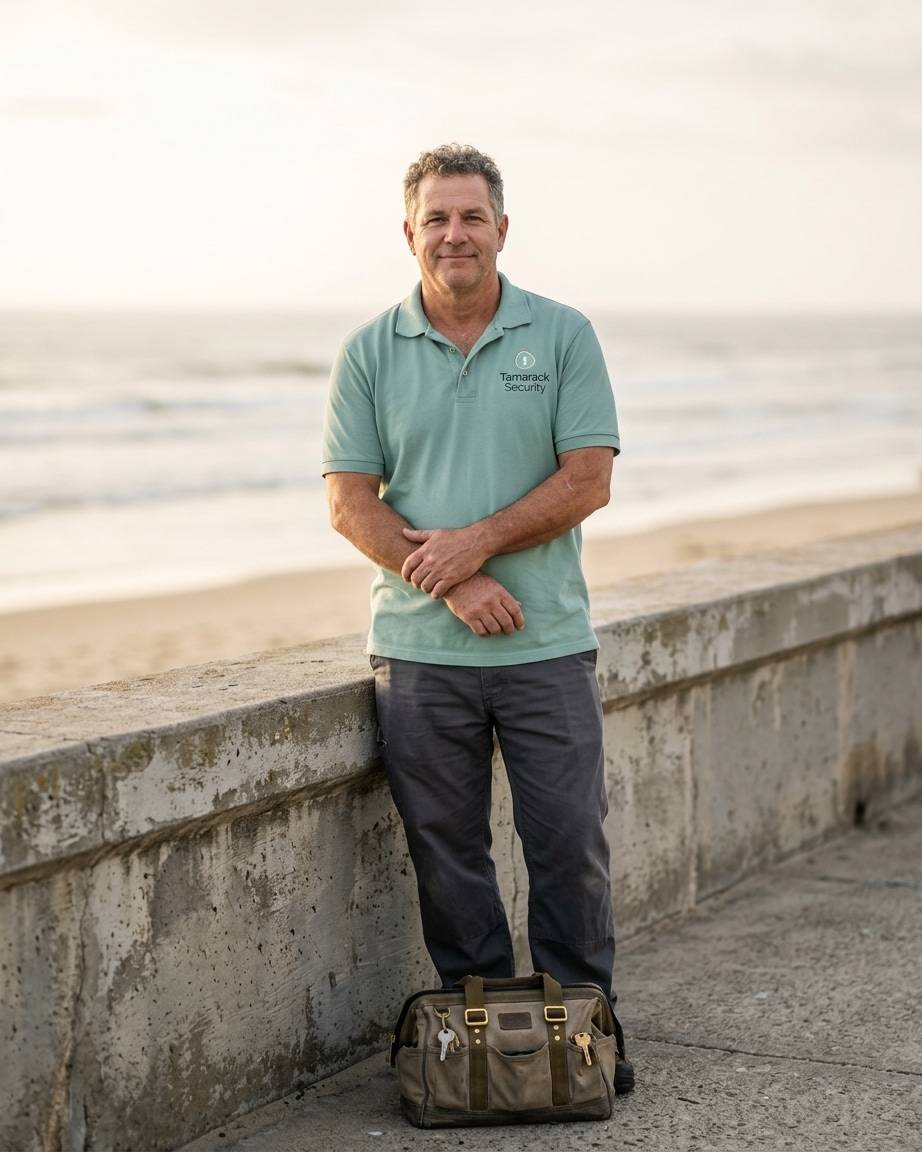 Tamarack Security owner Peter Amok standing at a beach sea wall in the company polo