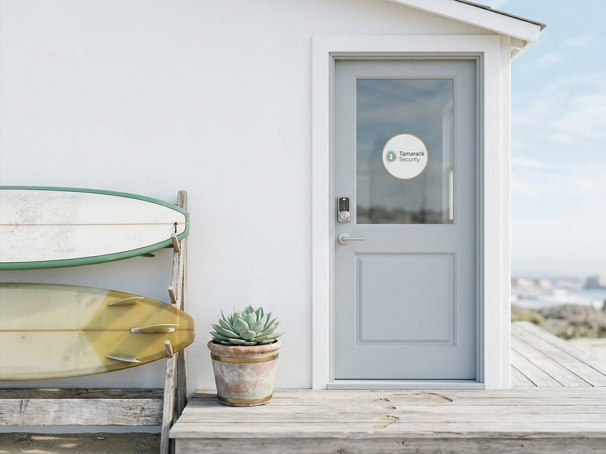 Keypad smart lock on a whitewashed beach cottage door beside a surfboard rack